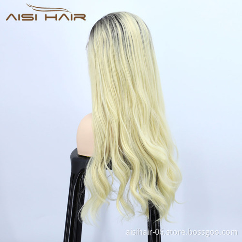 Aisi Hair Cheap Vendor Popular Long Wavy Curly Body Wave Ombre Blonde Lace Frontal Synthetic Hair For Black Women Lace Front Wig